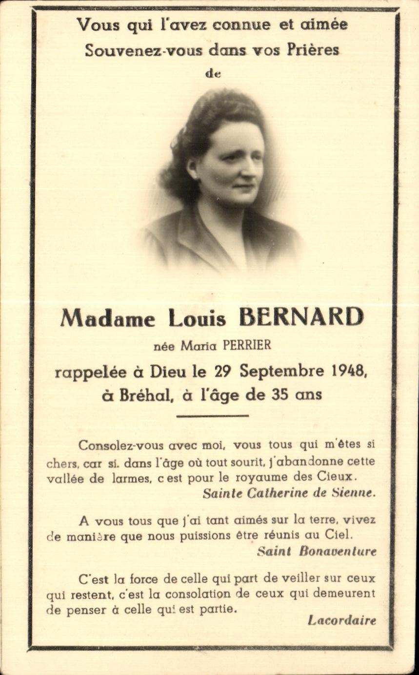 Image pieuse Madame Louis Berbard Maria perrier Brehal