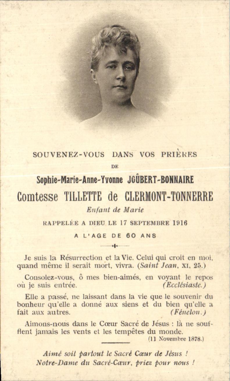 Image pieuse Saphe Marie Anne Yvonne gubert Bonnaire Comtesse Tillette de Clermont Tonnerre 