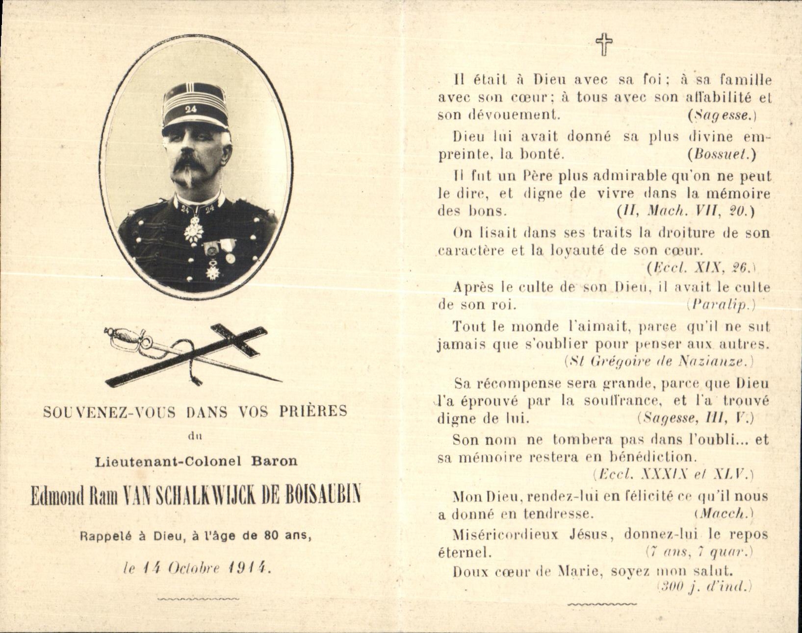 Lieutenant-Colonel Baron Edmond Ram VAN SCHALKWIJCK DE BOISAUBIN — Souvenir funéraire — Imprimerie de Rousseau-Lebel, Paris