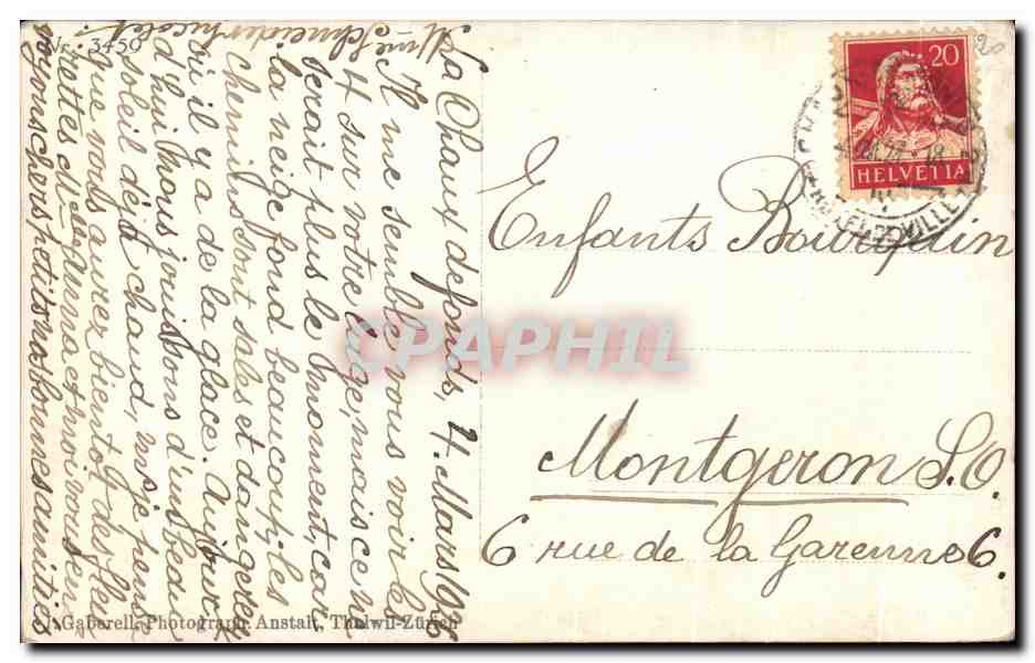 CARTE PHOTO Enfants Luge bourquin Montgeron La Chaux de Fonds  — Verso