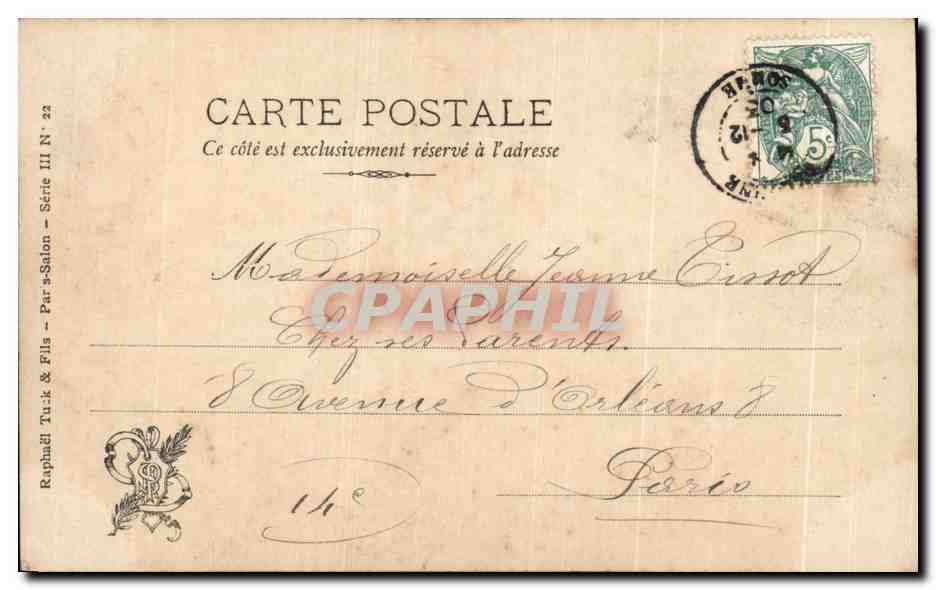 CPA Fantaisie Salon 1903 Cameron Allee de vieux oliviers au cap d'antibes  — Verso