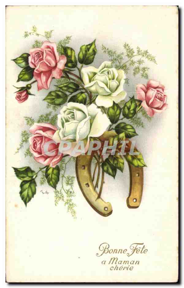 CPA Fantaisie Fleurs Roses Fer a cheval