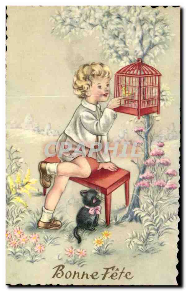 CPA Fantaisie Fleurs Enfant et cage d'oiseau 