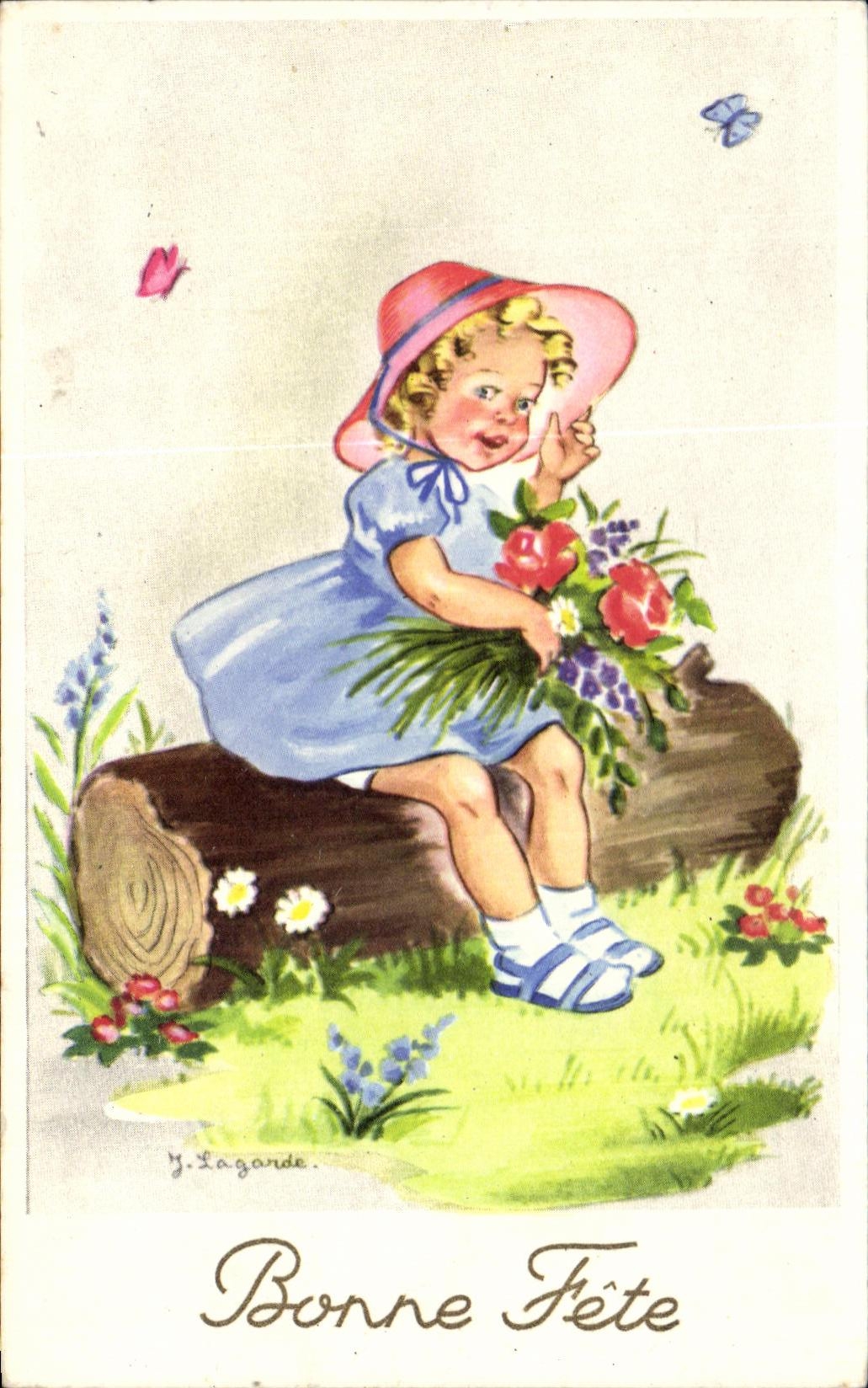 CPA Fantaisie Fleurs Enfant Fille Papillons 