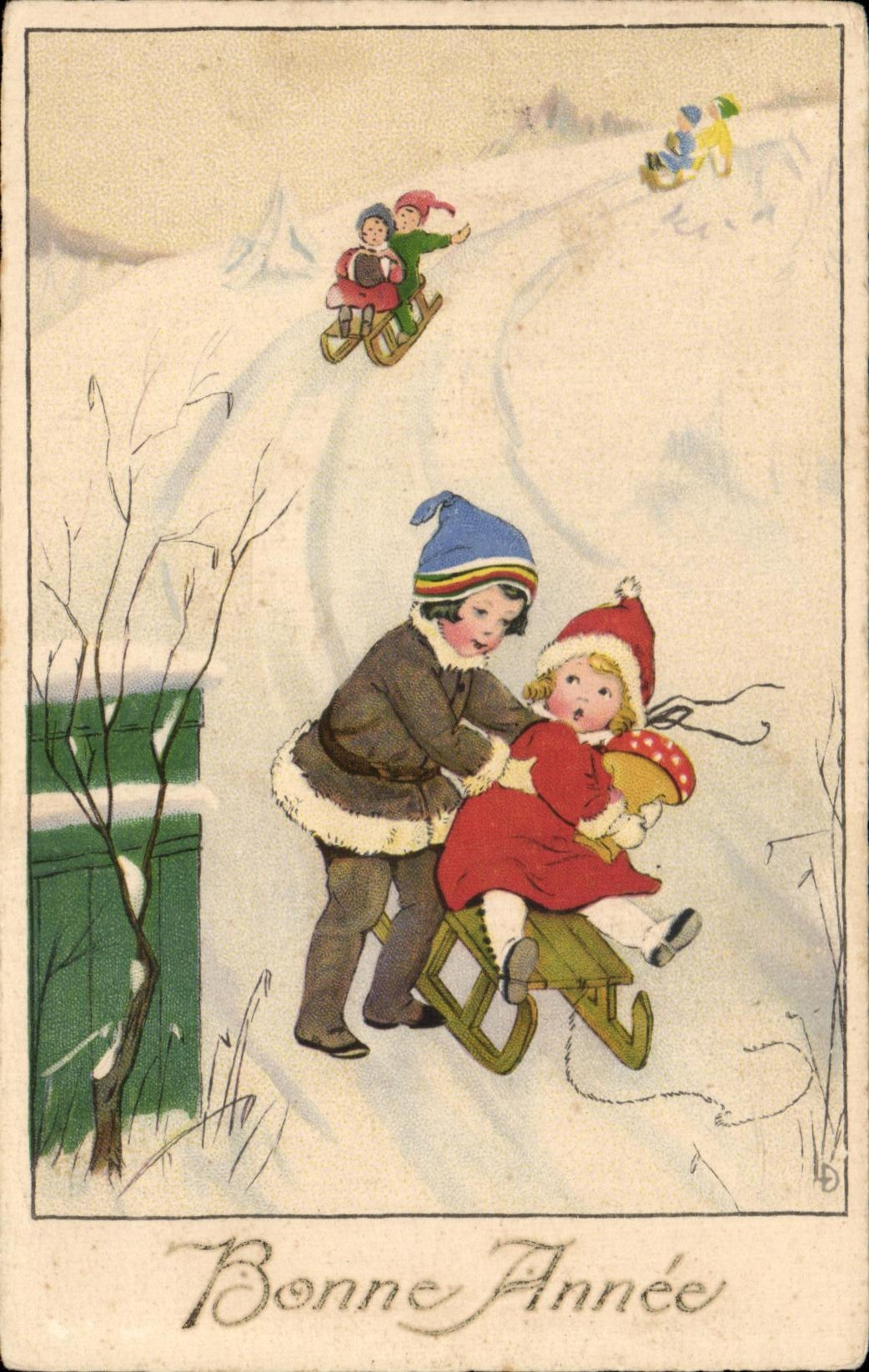 CPA Fantaisie Enfants Luge Bonnee Annee