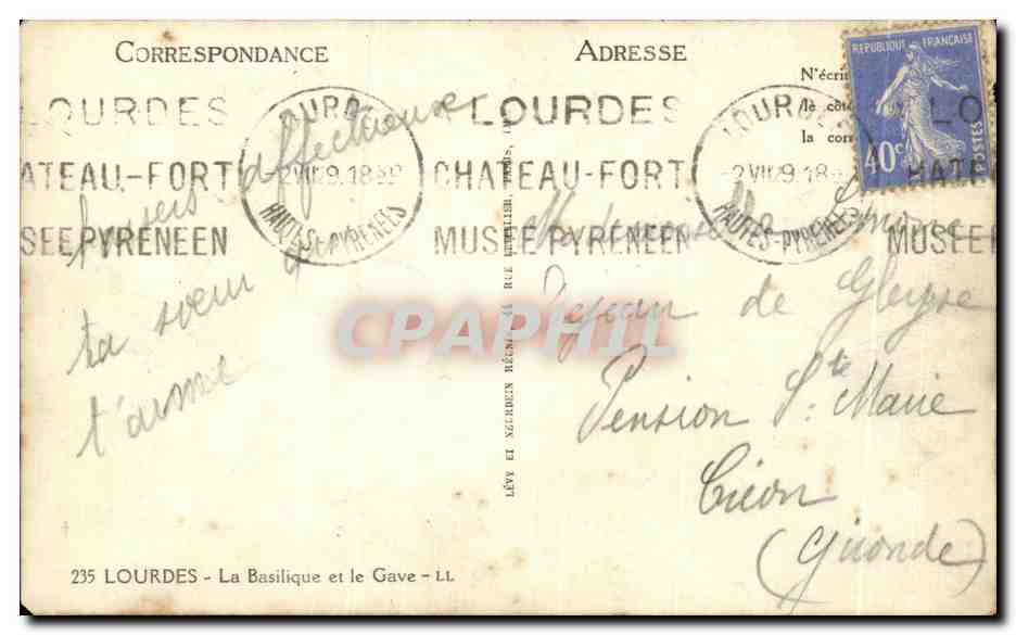 CPA Lourdes La Basilique et la Gave — Verso