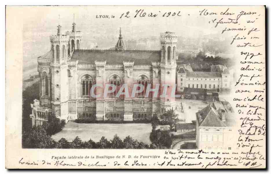 Façade latérale de la Basilique de N.D. de Fourvière — Lyon — éditée par une imprimerie lyonnaise