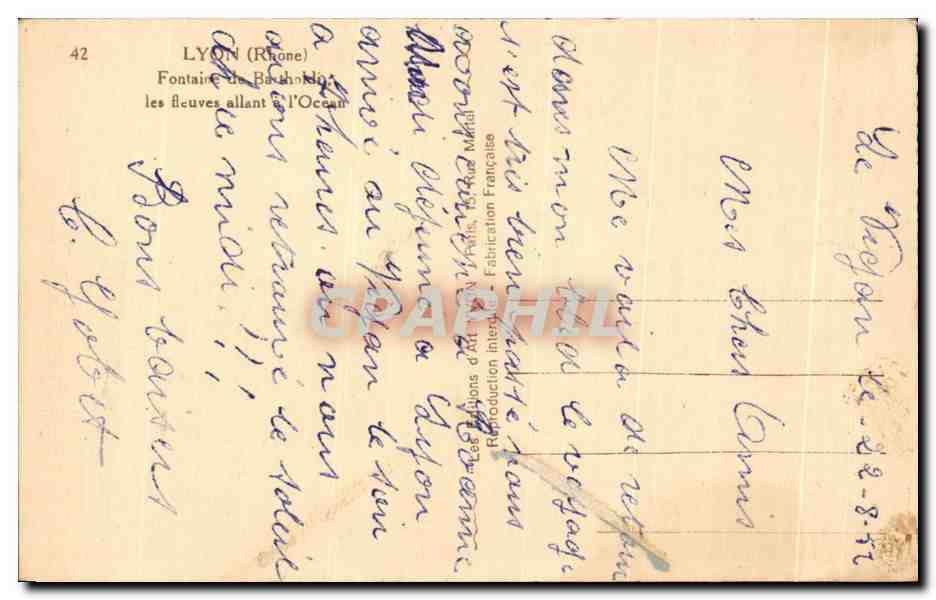 CPA Lyon Fontaine de Bartholdi  — Verso