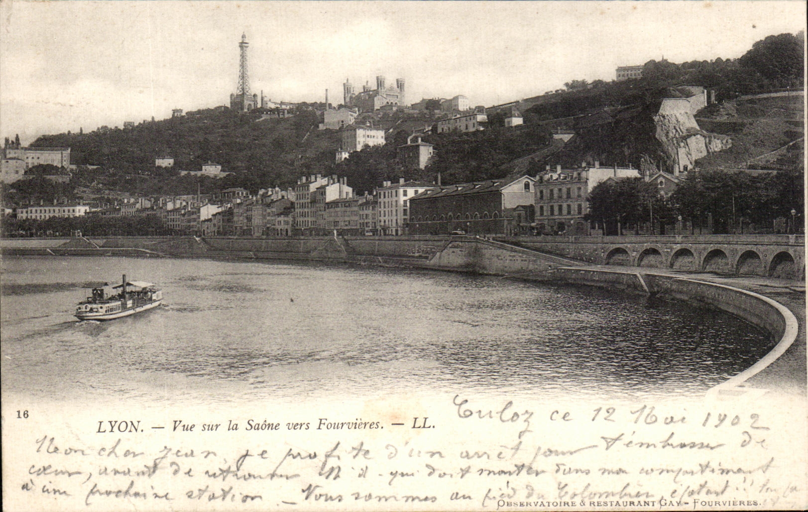 LYON — View over the Saône towards Fourvières — LL. — Observatory & Restaurant Gay-Fourvières