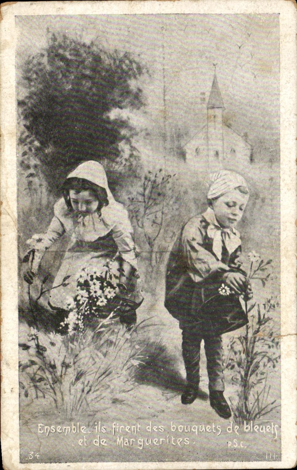 CPA Ensemble ils Firent des Bouquets de Bleuets Enfants