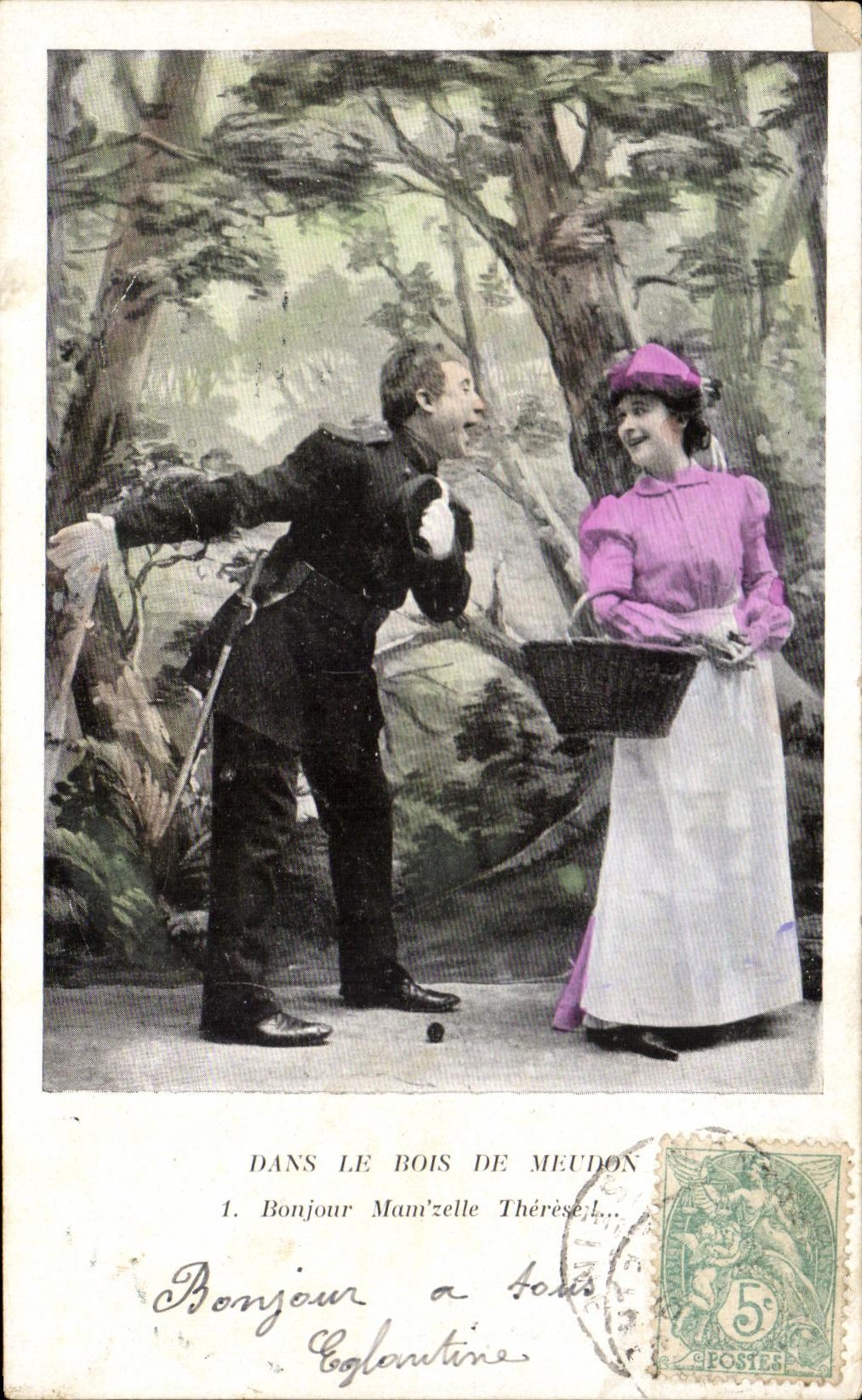 CPA Dans Le Bois De Meudon bonjour Mam'zelle Therese Fantaisie Femme Militaria