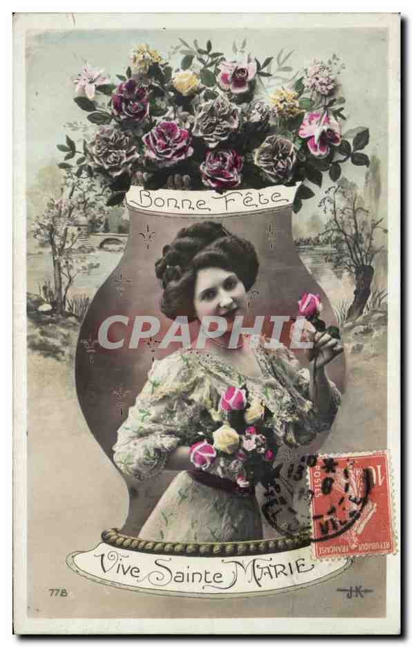Femme dans un vase de roses — Bonne Fête, Vive Sainte Marie — éditeur J.K., n° 77B