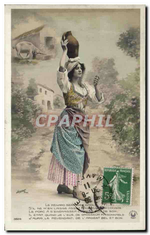Femme portant un pot sur la tête — poème sur le cochon — éditeur Delacour, n°3826