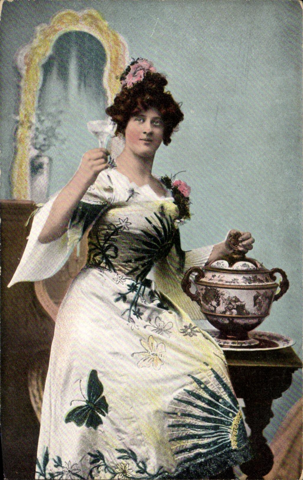 Woman in Embroidered Dress Holding a Glass and a Vessel — Series Ad 6 — Vintage Postcard/Antike Ansichtskarte