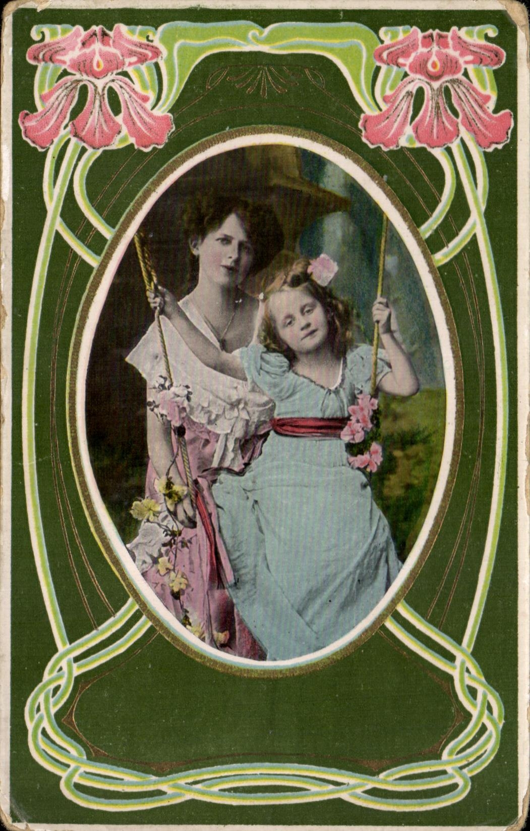 Femme et enfant sur balançoire — scène de jardin — éditeur : 1053