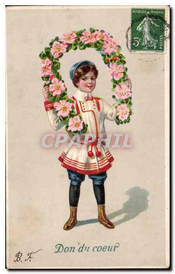 CPA Fantaisie Enfant Don du coeur Garcon Fleurs