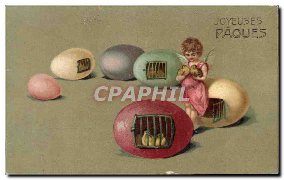 CPA Fantaisie Joyeuses Paques Oeufs Ange Enfant Poussins