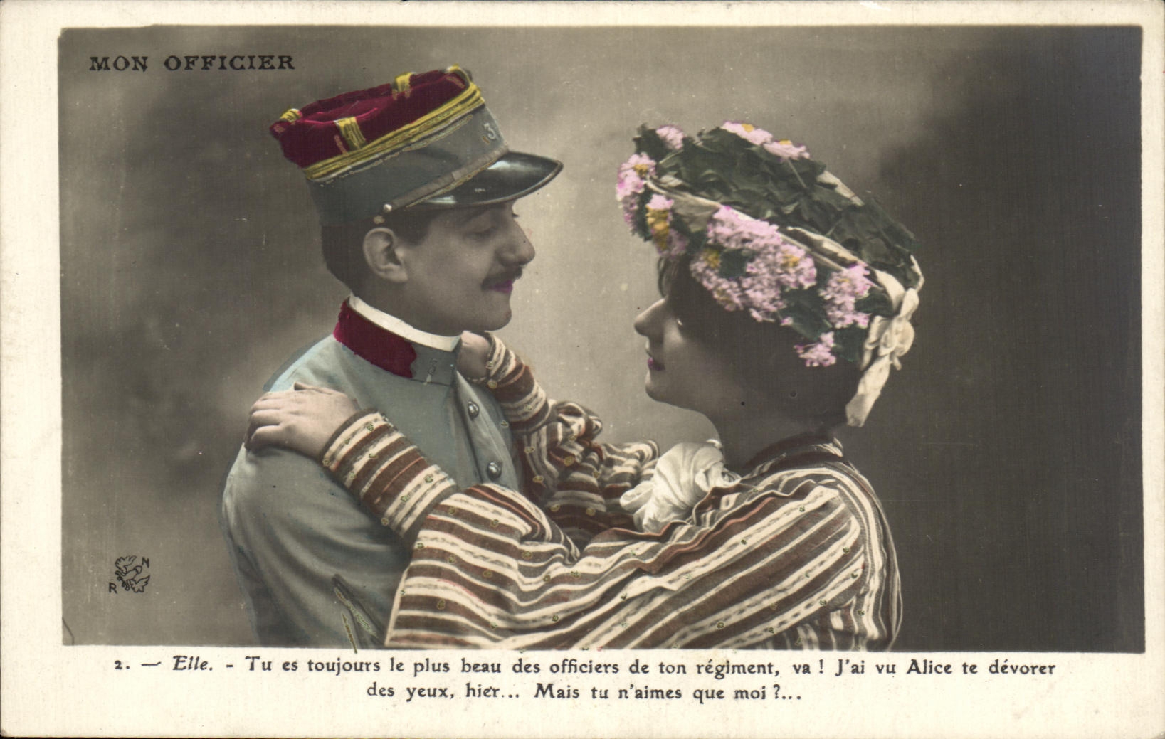 Officier en vrouw — romantische scène met dialoog — uitgever R. M. N°2