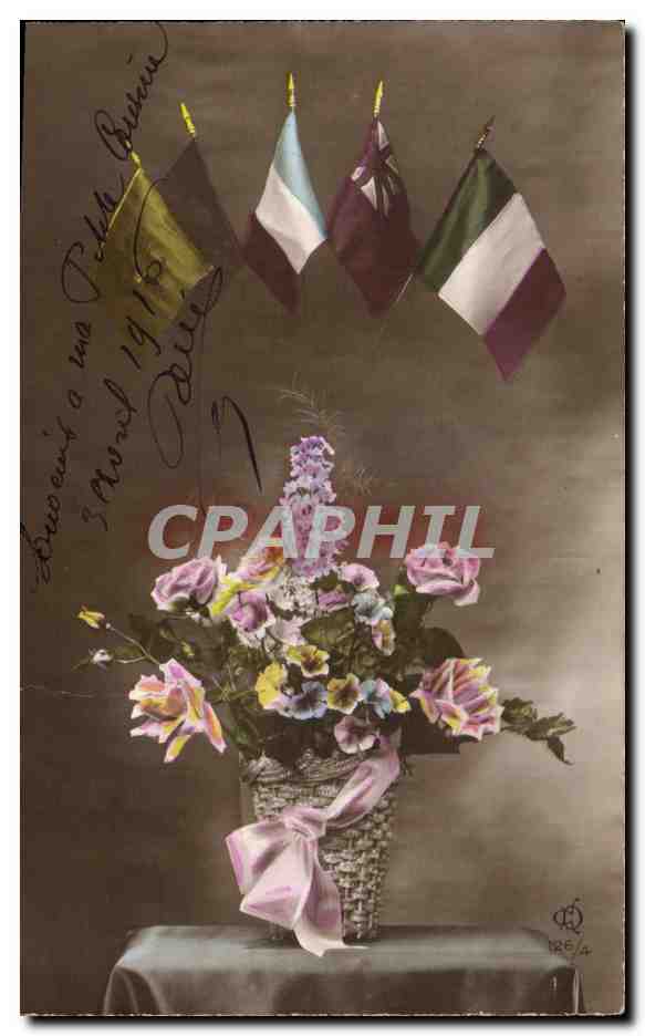 CPA Fantaisie Fleurs Militaria Drapeaux 
