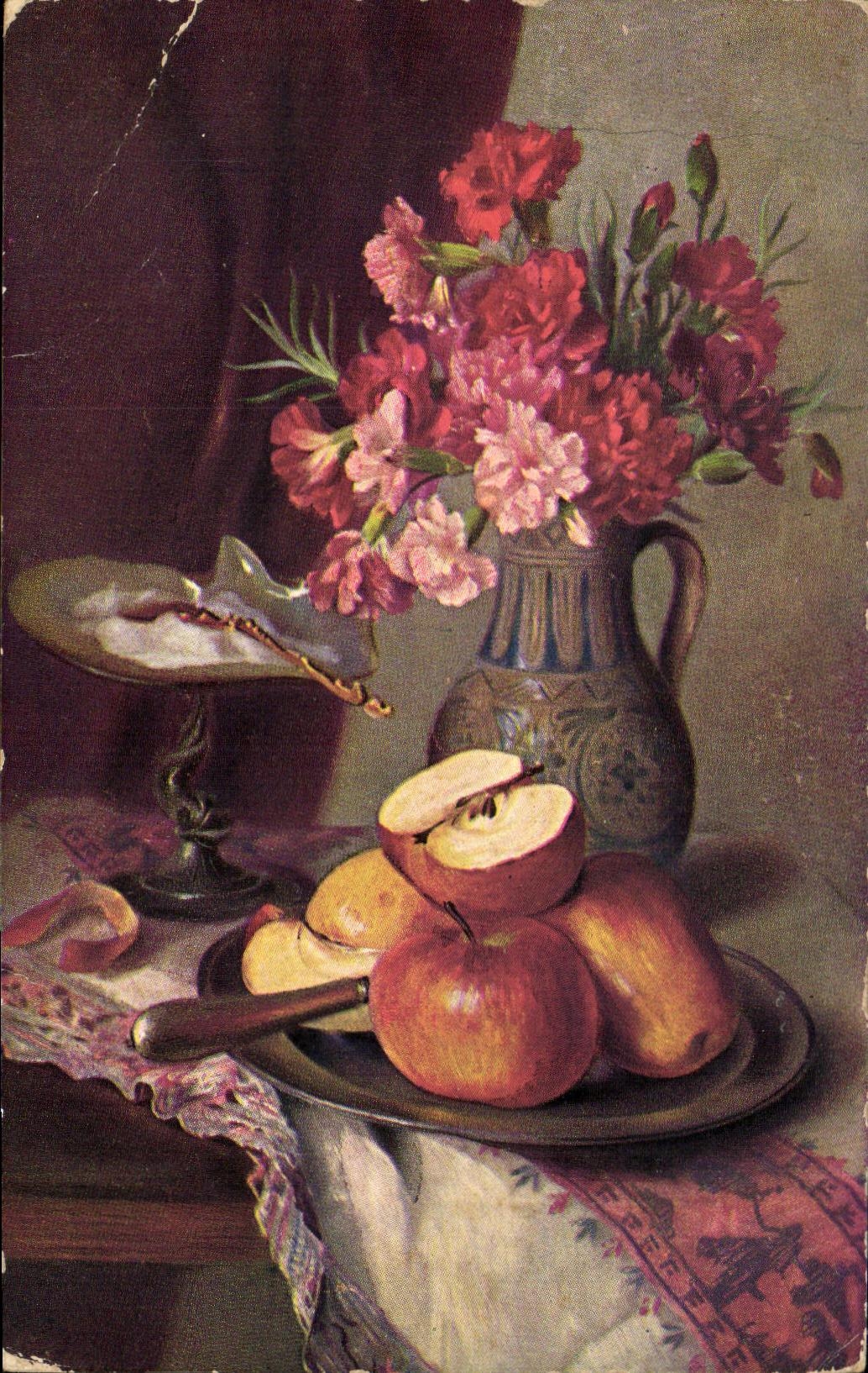 CPA Fantaisie Fleurs Nature morte Pomme 