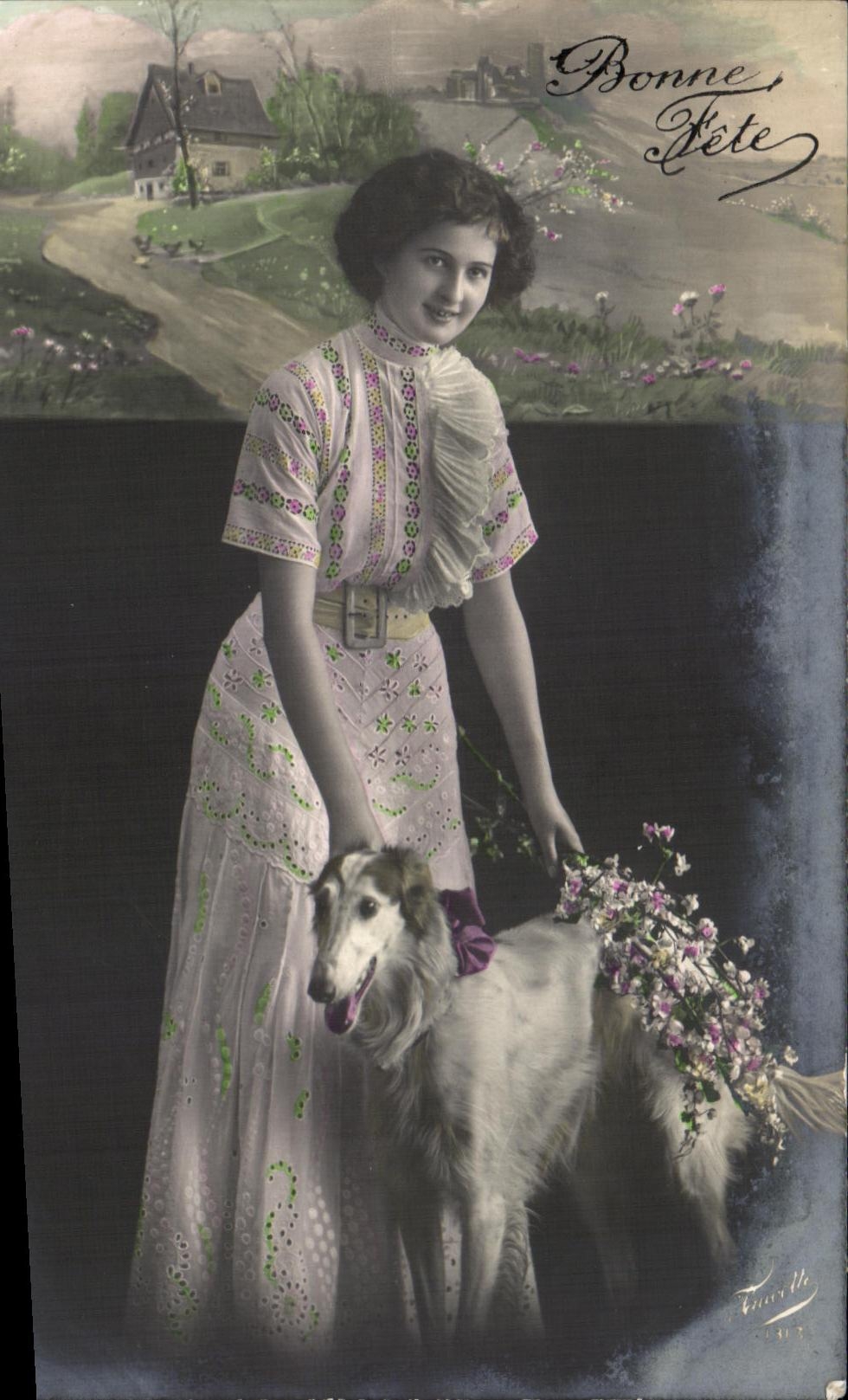 Jeune femme avec chien — Bonne Fête — Faurille, n° 107