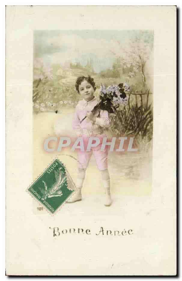 CPA Fantaisie Enfant Garcon Fleurs Bonne annee