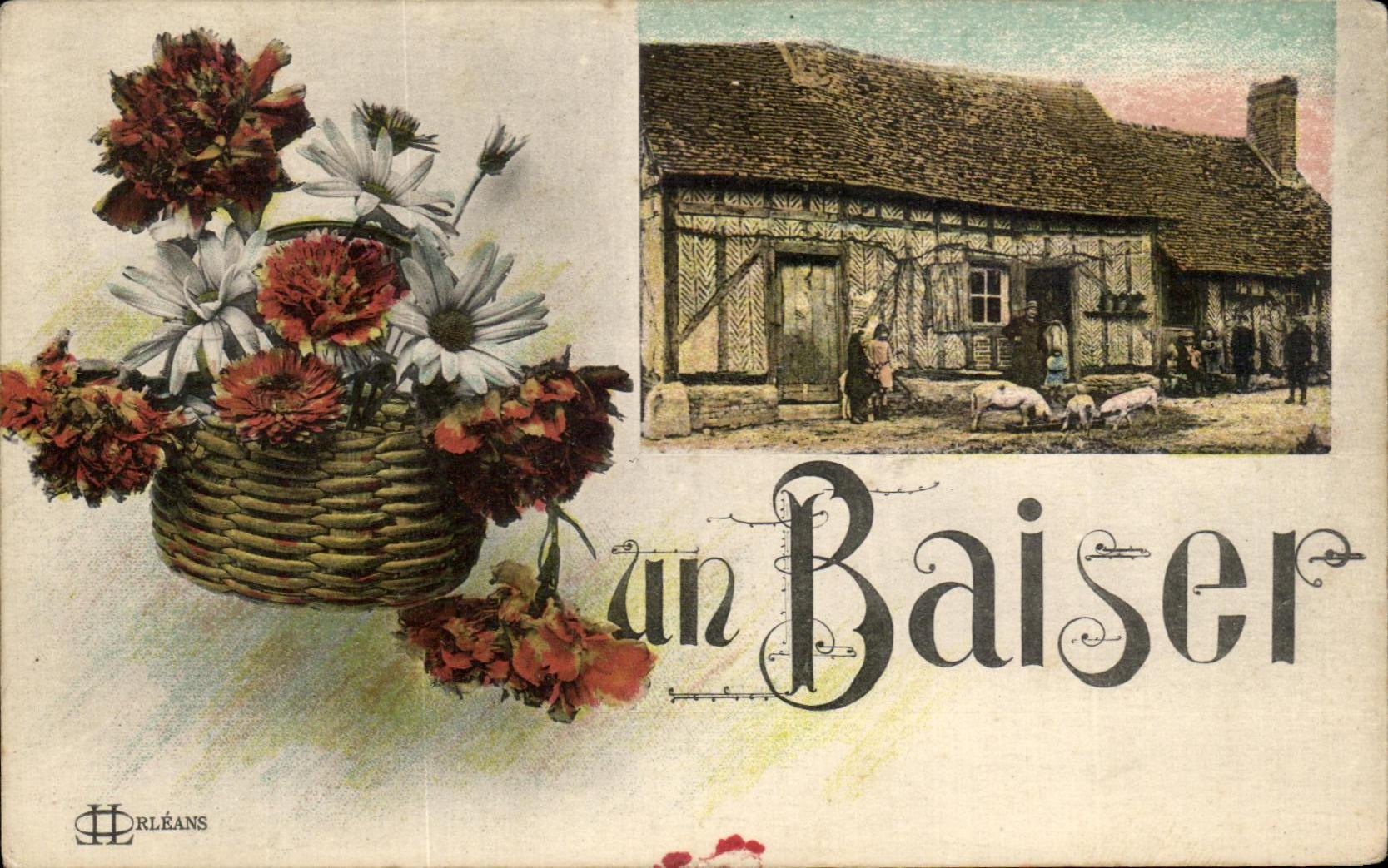CPA Fantaisie Un baiser Cochons Porcs Ferme 