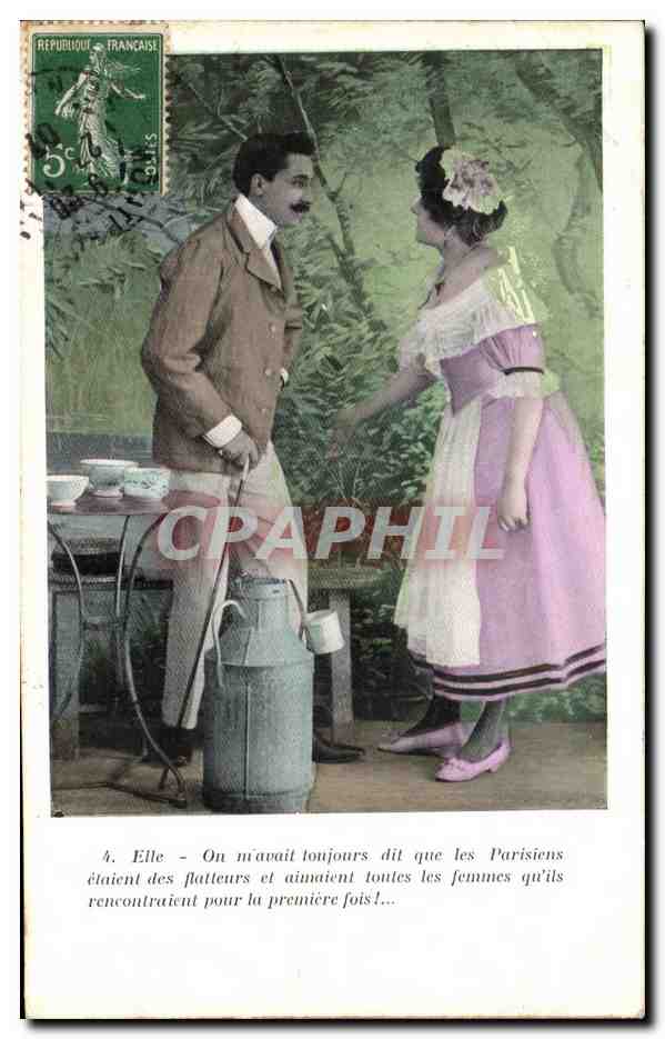 Parisien et Parisienne en extérieur — texte humoristique — éditeur inconnu