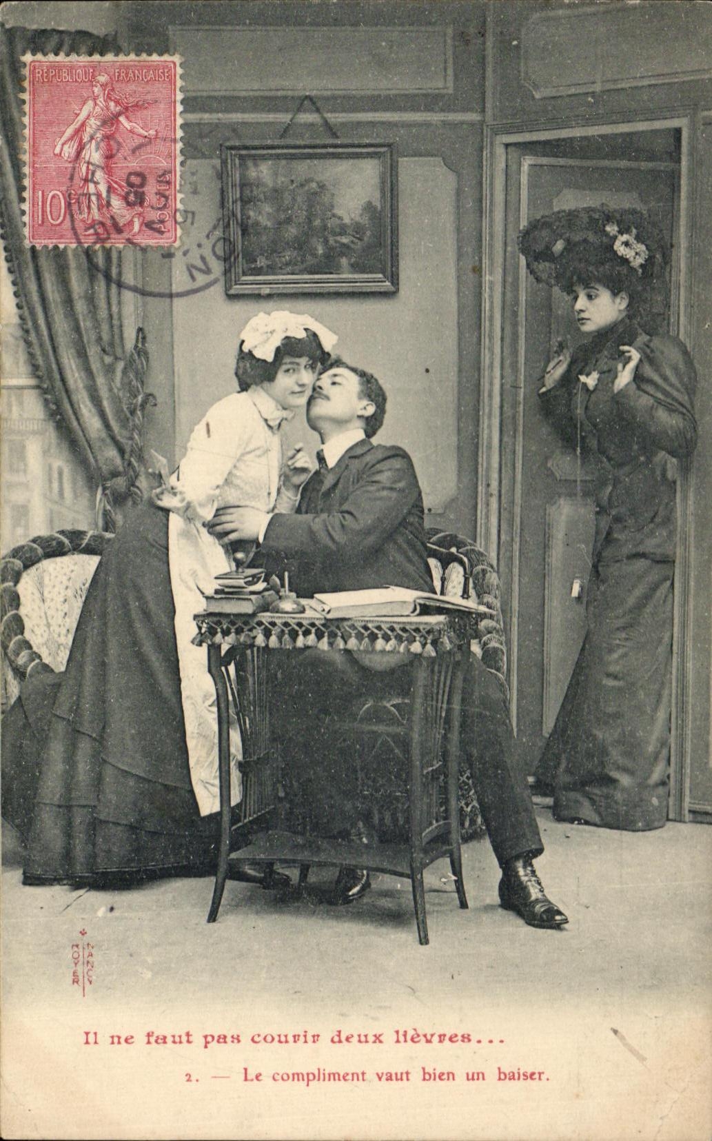 Szene im Salon — Zwei Frauen und ein Mann — unbekannter Verleger, Nr. 2