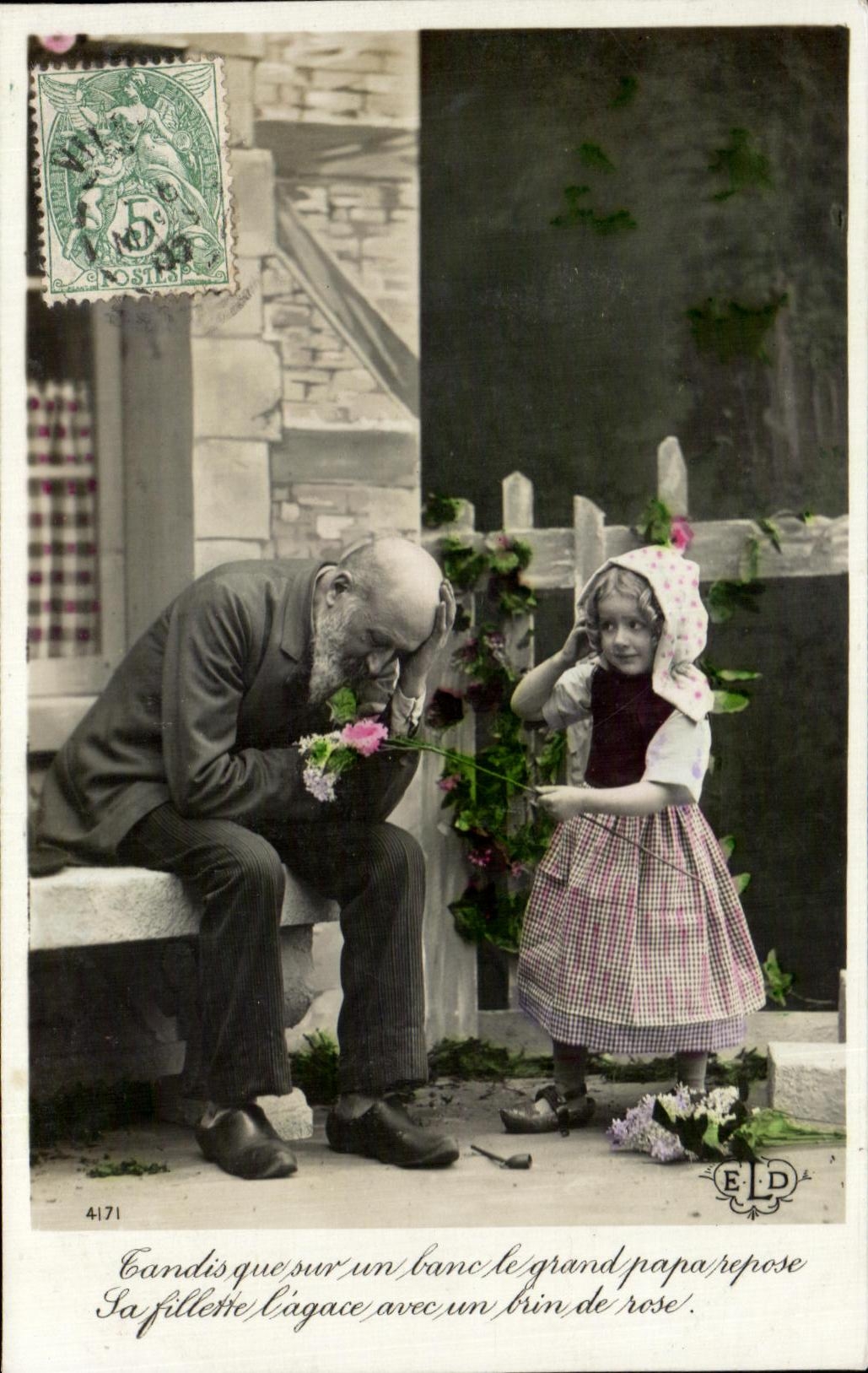 Grand-papa repose — Sa fillette l'accompagne avec un brin de rose — ELD, n° 4171