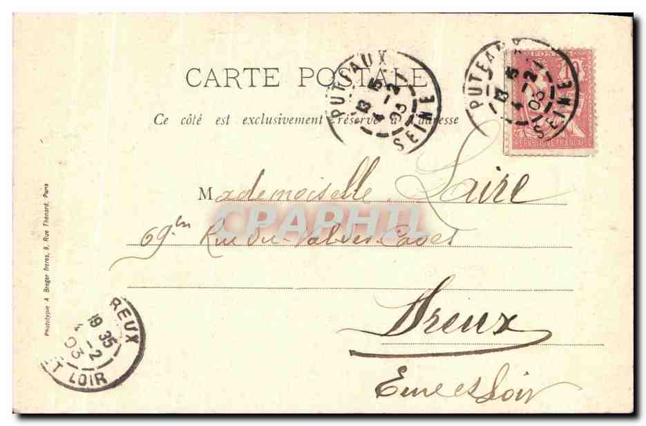 Deux personnages en costume — scène de comédie — Phototypie A Bruger Frères, Paris, n°3 — Verso
