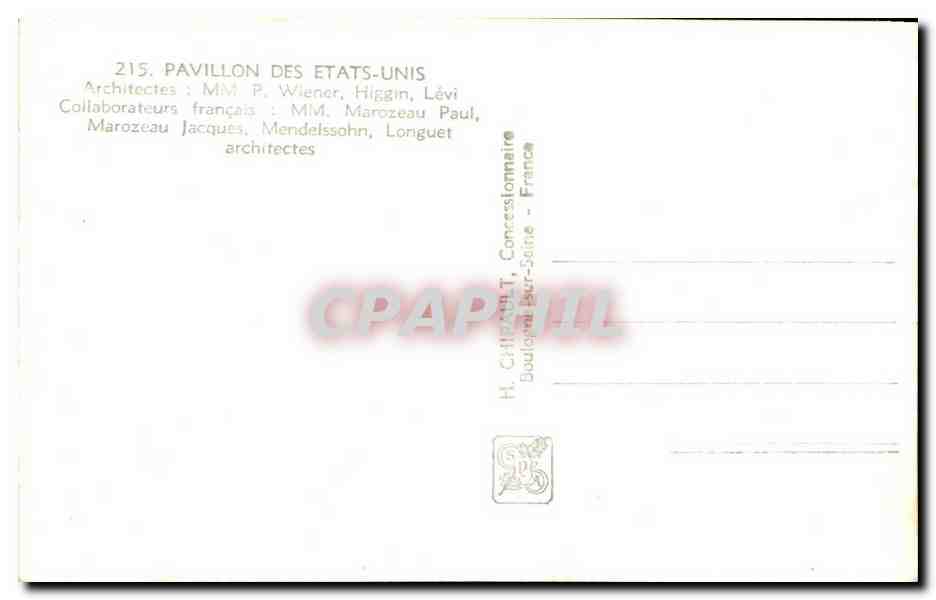 Pavillon der Vereinigten Staaten — Internationale Ausstellung Paris 1937 — H. Château, Concessionär, Bouloural-Bur-Saine — Rückseite