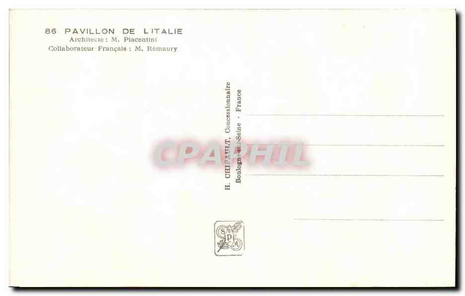 Pavillon de l'Italie — Exposition Internationale Paris 1937 — H. CHIAPPAUT, Boulogne-sur-Seine — Rückseite