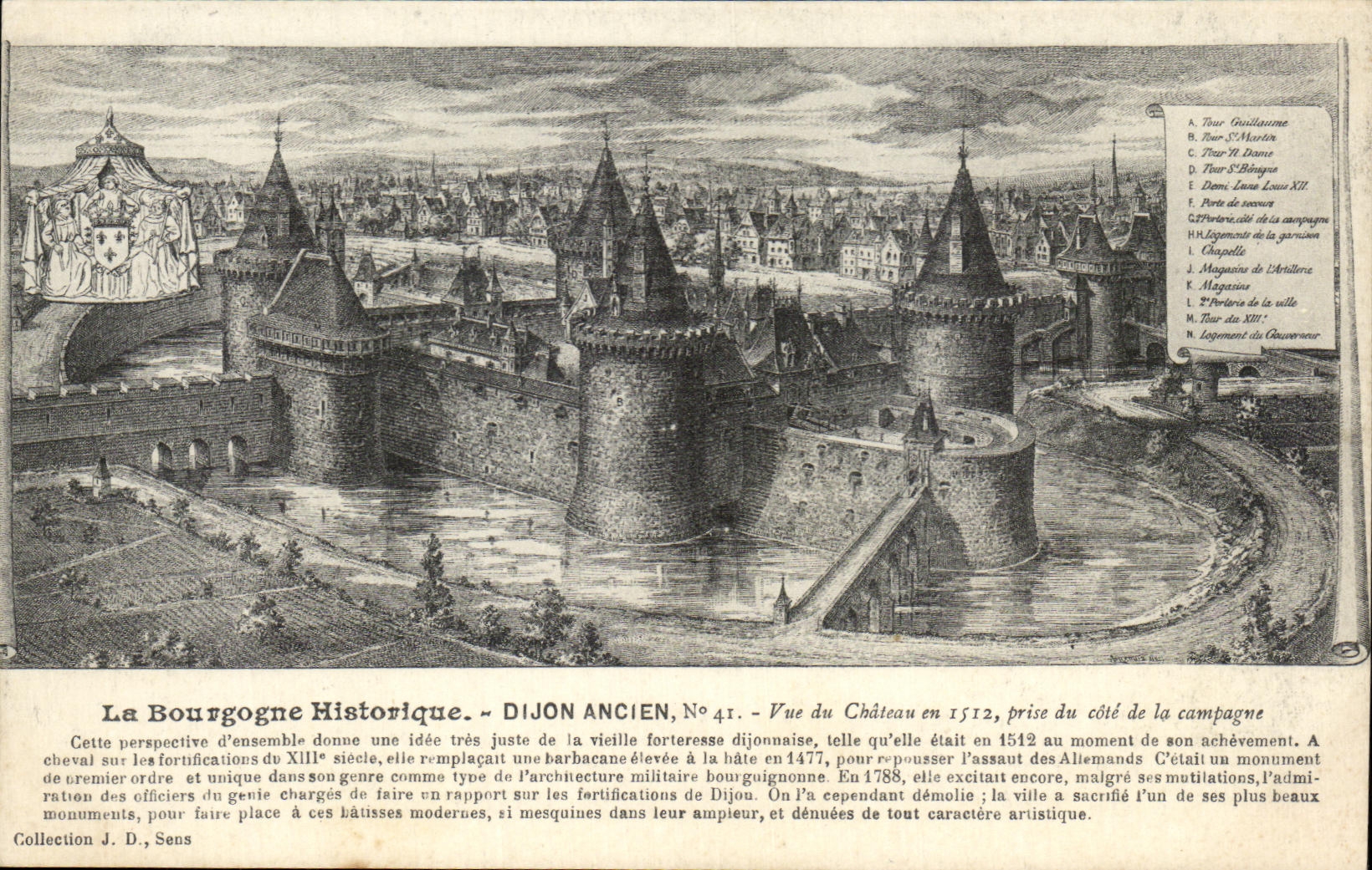 Dijon Ancien — Vue du Château en 1512, prise du côté de la campagne — Collection J. D. Sens, N° 41