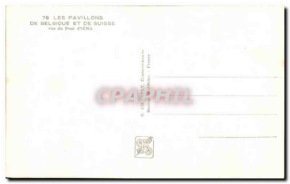Pavillons Belgiens und der Schweiz — Internationale Ausstellung Paris 1937 — Verlag C. H. (Boulogne-sur-Seine) — Rückseite