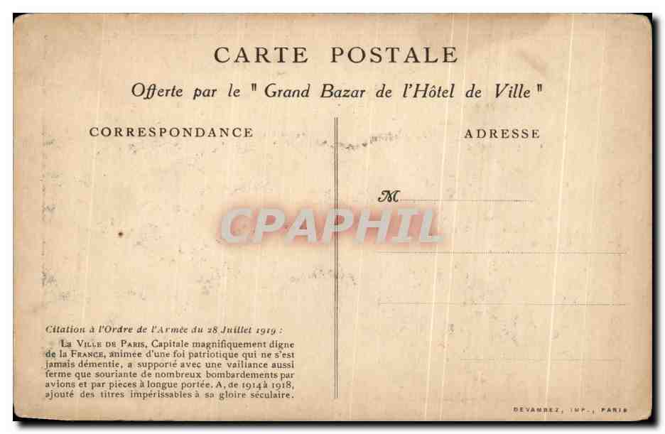 CPA Paris Citation a I'Ordre de I'Armee du 28 juillet 1919 Hotel de ville — Rückseite
