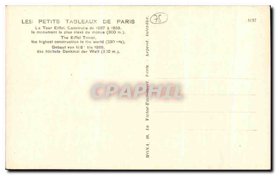 CPA Paris Les Petits Tableaux de Paris La Tour Eiffel Construite de le Monument le plus eleve du Monce — Rückseite