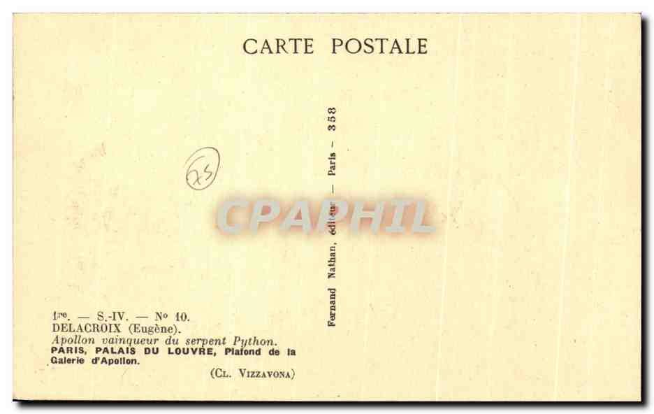 CPA Delacroix Apollon vainqueur du serpent Python Paris Palais du Louvre Plafond de la Galerie d'Apollon — Rückseite