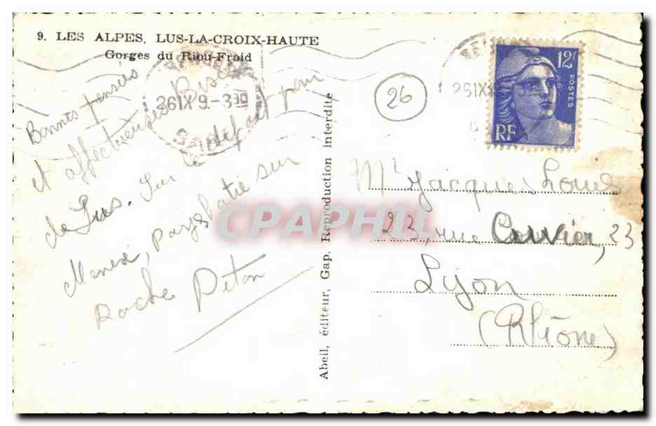 Les Alpes, Lus-la-Croix-Haute — Gorges du Rubi-Froid — Abell, éditeur, Gap, n°9 — Verso