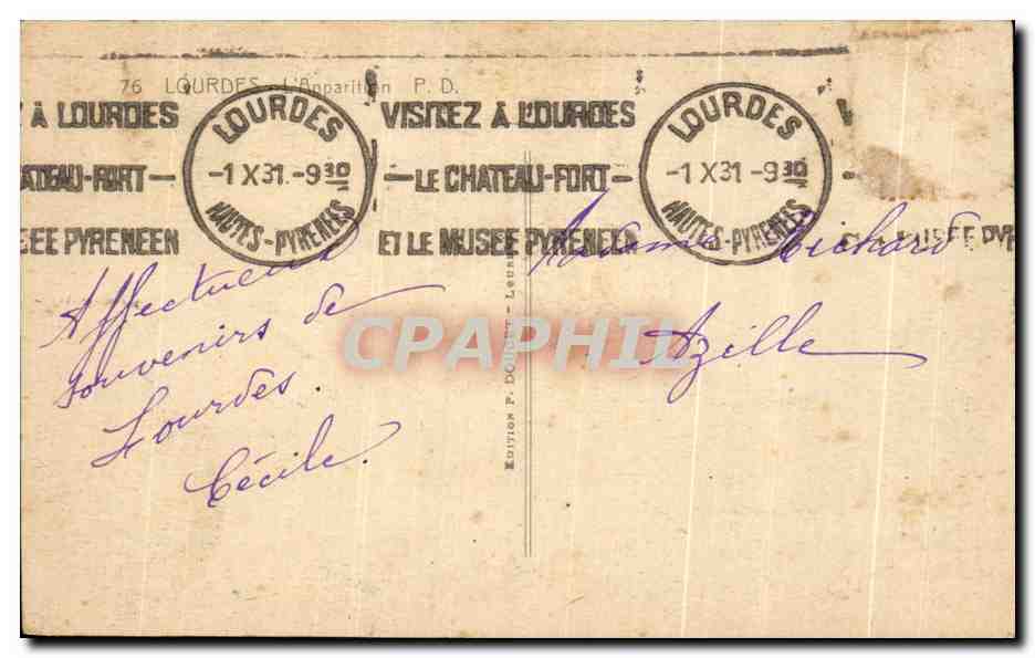 CPA Lourdes Visitez Lourdes L'apparition — Verso