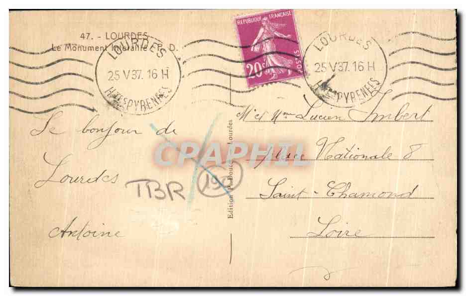 CPA Lourdes Le Monument Interallie — Verso