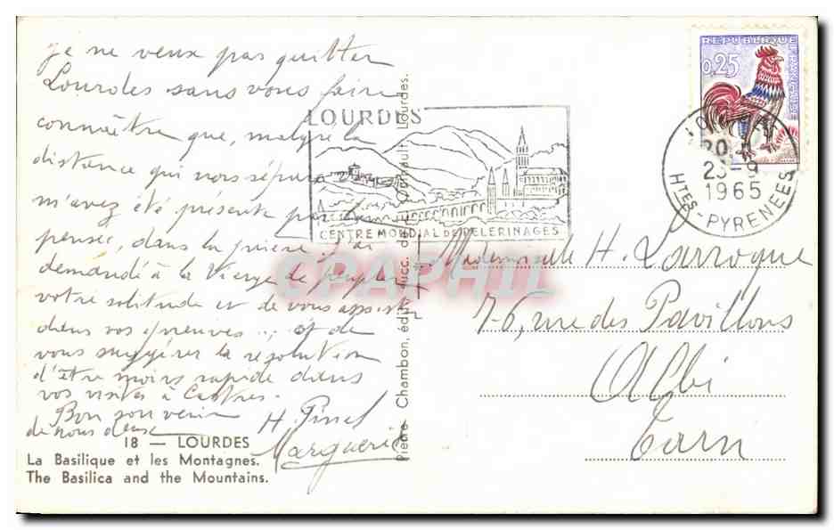 CPSM Lourdes La Basilique Et Les Montagnes  — Verso