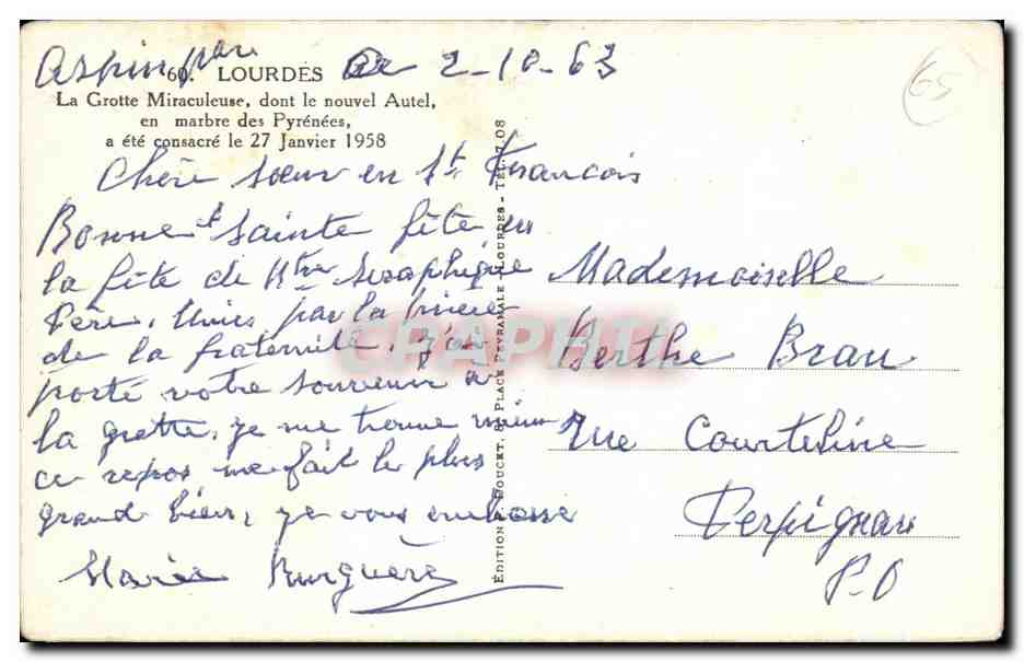 CPA Lourdes La Grotte Miraculeuse dont le nouvel Autel en marbre des Pyrenees — Verso