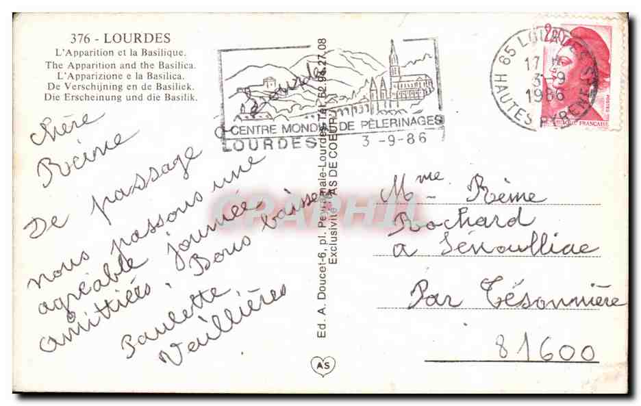 CPSM Lourdes L'Apparition et la Basilique — Verso