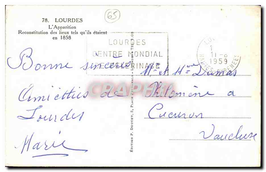 CPA Lourdes L'Appartion Reconsitution des lieux tels qu'ils etaient en 1858 Moutons  — Verso
