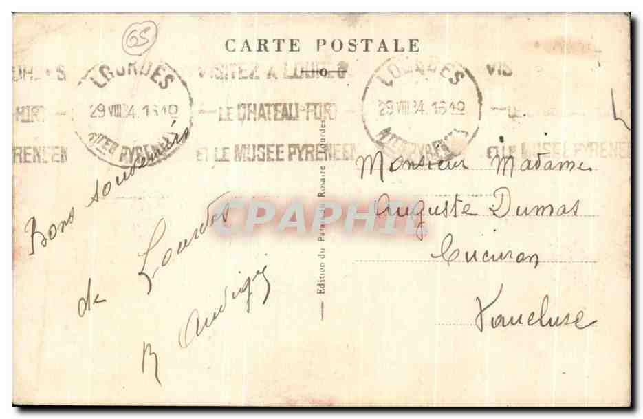 CPA Lourdes La Basilique et l'Asile — Verso