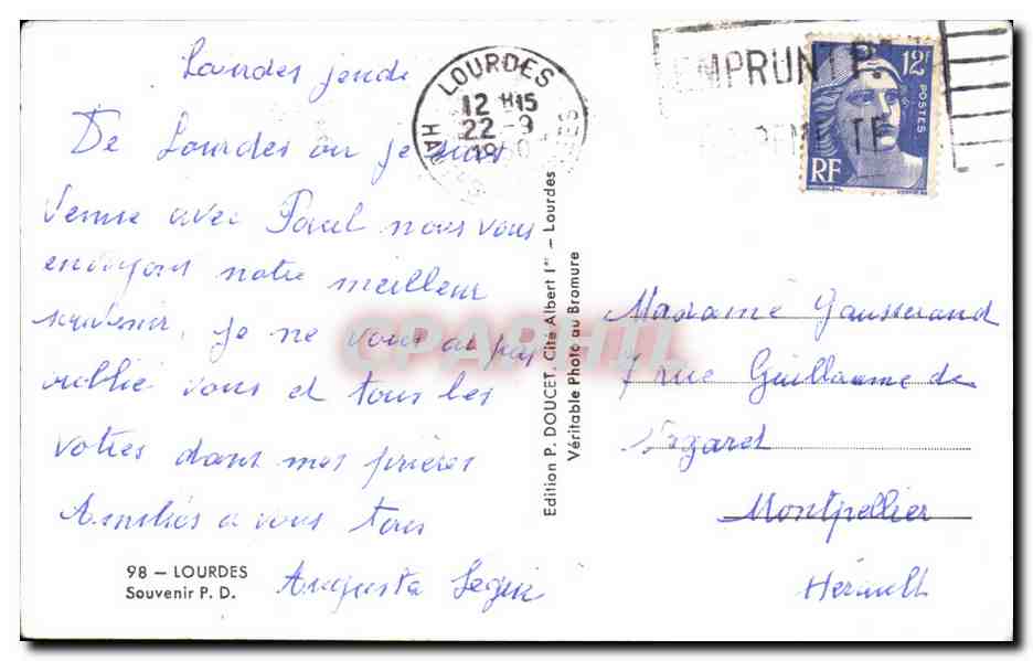 CPA Lourdes Souvenir Bernadette — Verso