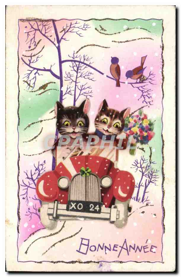CPA Fantaisie Bonne Annee Chats Automobile 