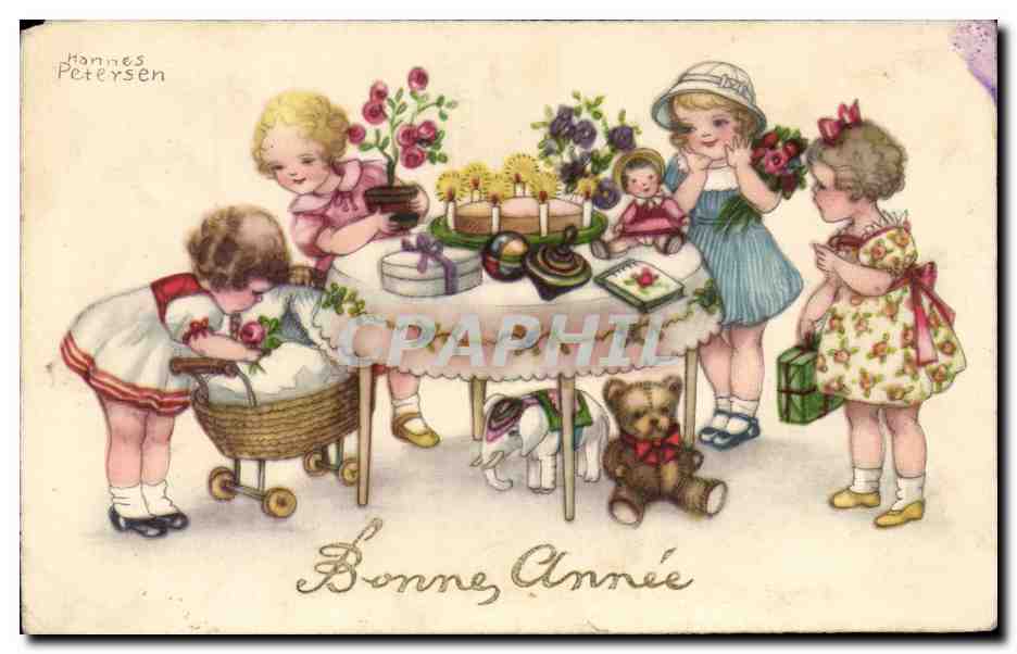 CPA Fantaisie Enfants Bonne annee peluche Hannes Petersen