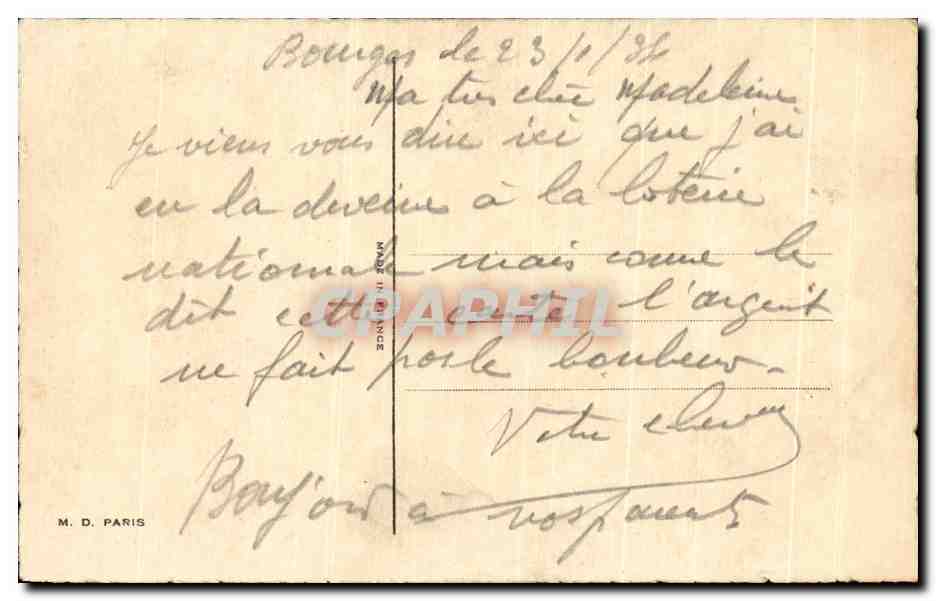 Chat et chien — publicité pour la Loterie Nationale — M. D. Paris — Verso